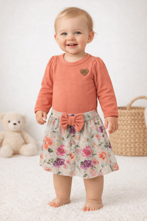 Conjunto Body Manga Longa e Saia - Pêssego - Ame Kids