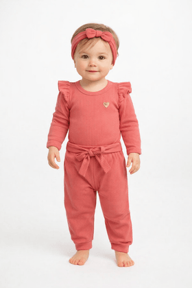 Conjunto Body Canelado Menina - Pêssego - Ame Kids