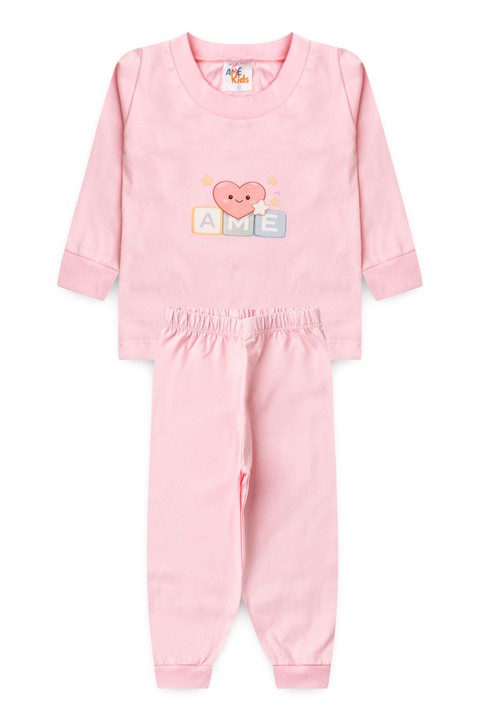 Conjunto Pijama Bebê Meia Estação Blusa e Calça - Coração Rosa - Ame Kids