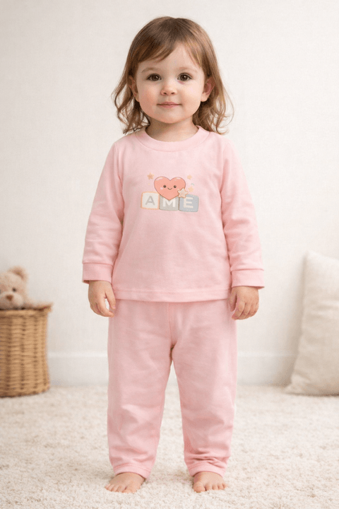 Conjunto Pijama Bebê Meia Estação Blusa e Calça - Coração Rosa - Ame Kids