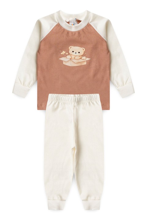 Conjunto Pijama Bebê Meia Estação Blusa e Calça - Ursinho Off-White - Ame Kids