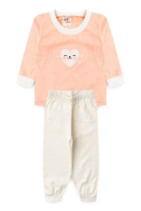 Conjunto Pijama Bebê Meia Estação Blusa e Calça - Coração Salmão - Ame Kids