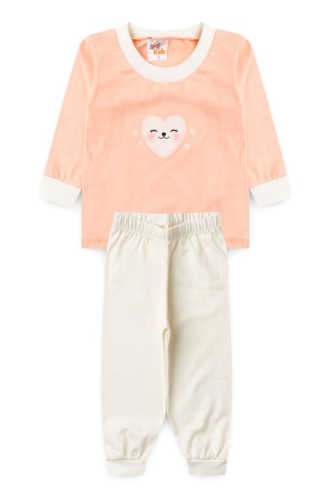 Conjunto Pijama Bebê Meia Estação Blusa e Calça - Coração Salmão - Ame Kids