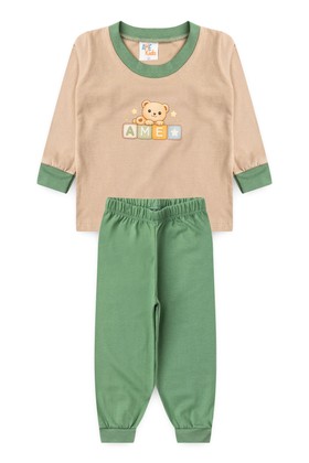 Conjunto Pijama Bebê Meia Estação Blusa e Calça - Ursinho Caqui - Ame Kids
