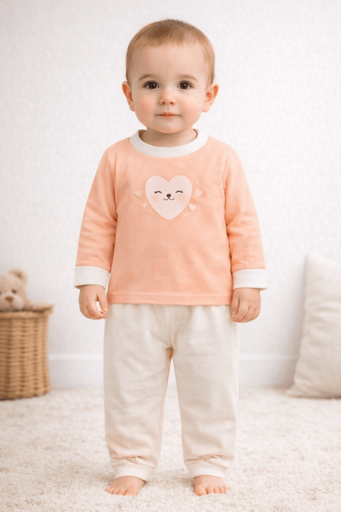 Conjunto Pijama Bebê Meia Estação Blusa e Calça - Coração Salmão - Ame Kids
