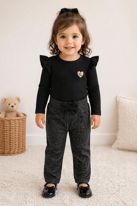 Conjunto Infantil Bebê Body Manga Longa e Calça Pied de Poule - Preto - Ame Kids