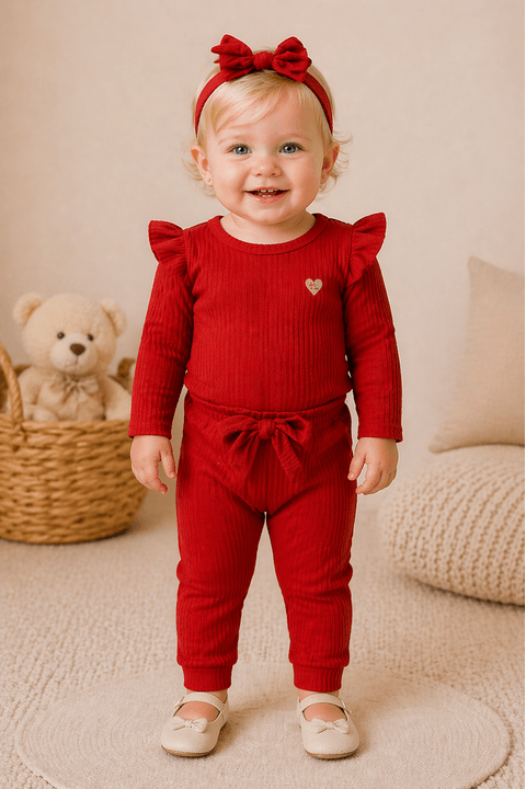 Conjunto Infantil Bebê Body Canelado Menina - Vermelho - Ame Kids