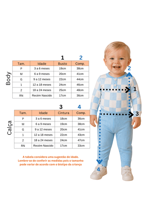 Conjunto Infantil Bebê Body e Calça Canelado - Xadrez Azul - Ame Kids