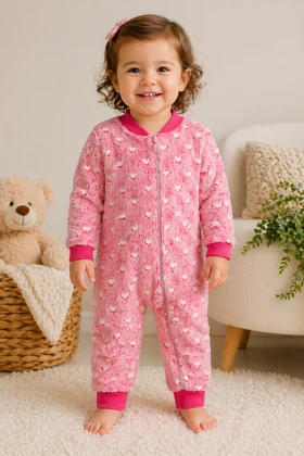 Macacão Infantil Bebê Fleece - Corações Rosa - Ame Kids