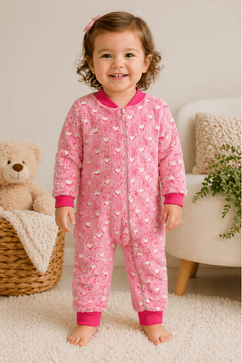 Macacão Infantil Bebê Fleece - Corações Rosa - Ame Kids