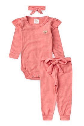Conjunto Infantil Bebê Body Canelado Menina - Pêssego - Ame Kids