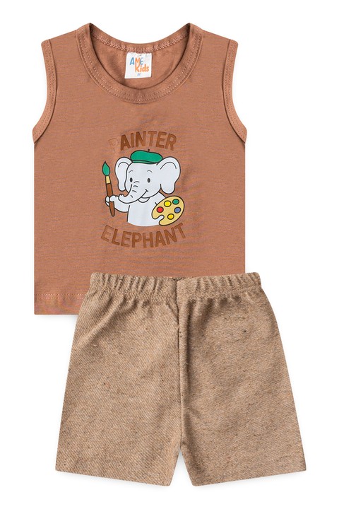 Conjunto Regata e Shorts Menino - Elefante Avelã - Ame Kids