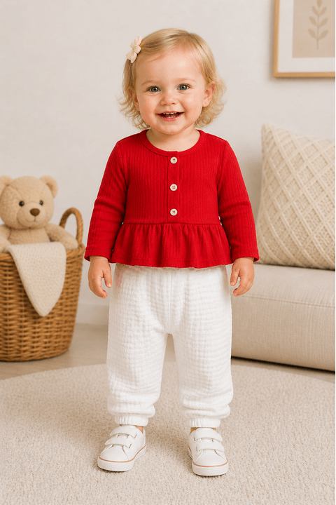 Conjunto Bata e Calça Bubble Menina - Vermelho e Branco - Ame Kids