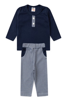 Conjunto Infantil Bebê Meia Estação Blusa Lisa e Calça Listrada - Azul Marinho - Ame Kids