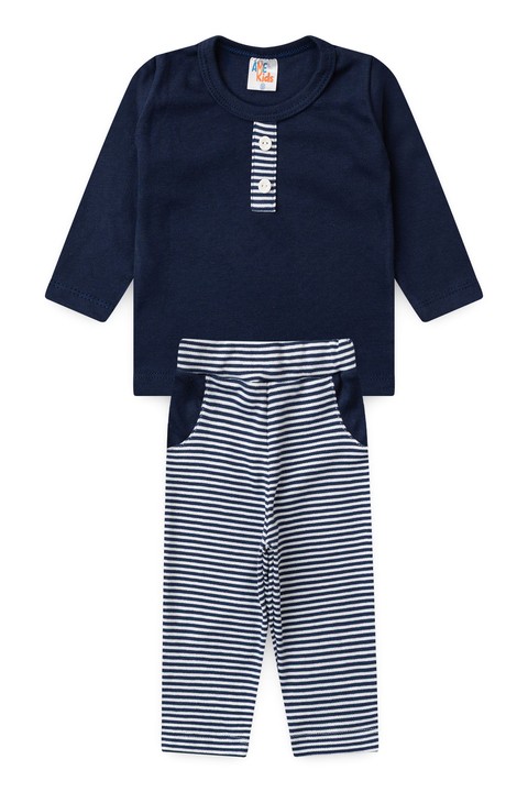Conjunto Infantil Bebê Meia Estação Blusa Lisa e Calça Listrada - Azul Marinho - Ame Kids