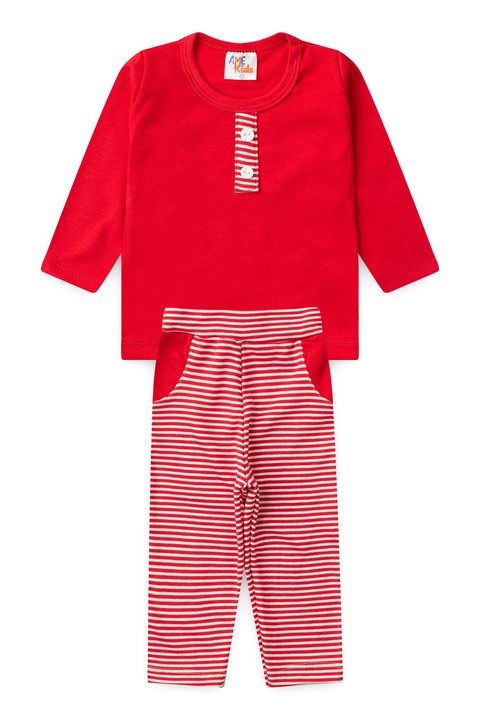 Conjunto Infantil Bebê Meia Estação Blusa Lisa e Calça Listrada - Vermelho - Ame Kids