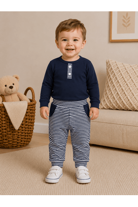 Conjunto Infantil Bebê Meia Estação Blusa Lisa e Calça Listrada - Azul Marinho - Ame Kids