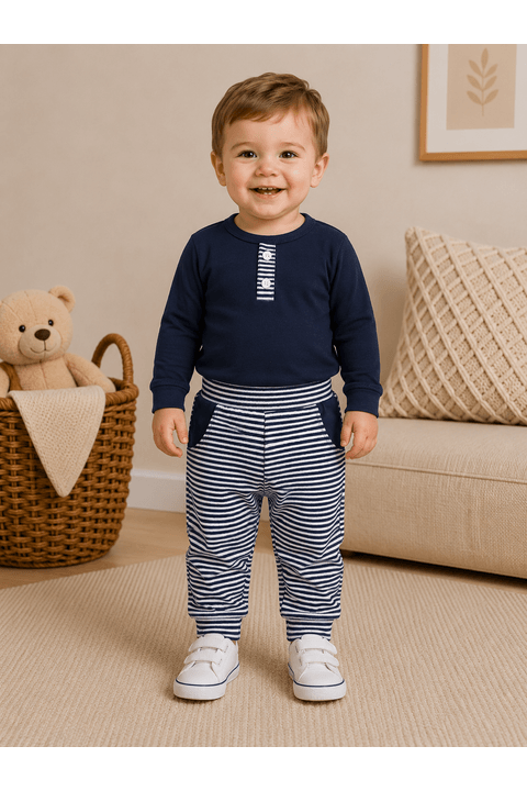 Conjunto Infantil Bebê Meia Estação Blusa Lisa e Calça Listrada - Azul Marinho - Ame Kids