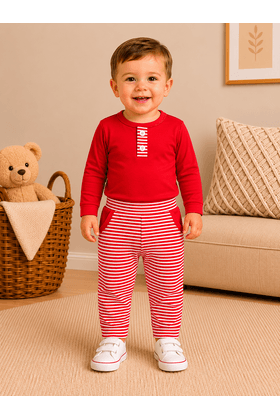 Conjunto Infantil Bebê Meia Estação Blusa Lisa e Calça Listrada - Vermelho - Ame Kids
