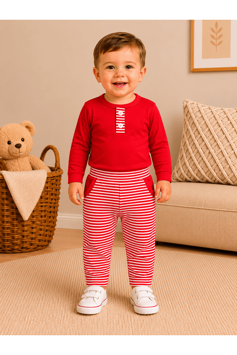 Conjunto Infantil Bebê Meia Estação Blusa Lisa e Calça Listrada - Vermelho - Ame Kids