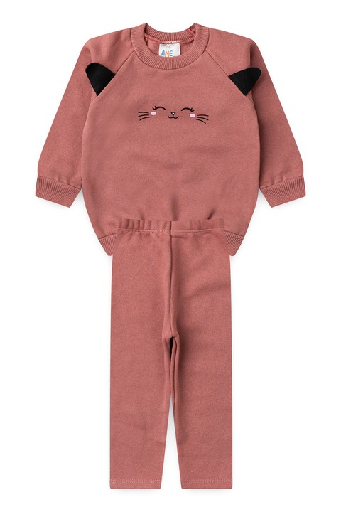 Conjunto Blusa Manga Longa e Calça de Moleton com Aplique Interativo - Rosê - Ame Kids