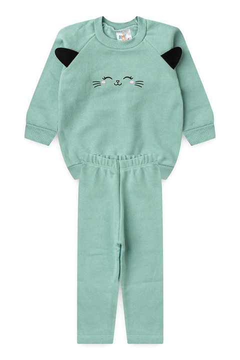 Conjunto Blusa Manga Longa e Calça de Moleton com Aplique Interativo - Verdinho - Ame Kids