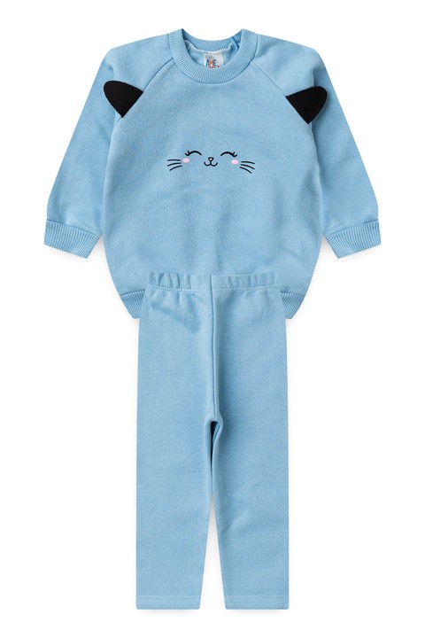 Conjunto Blusa Manga Longa e Calça de Moleton com Aplique Interativo - Azul Bebê - Ame Kids