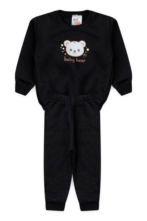 Conjunto Blusa Manga Longa e Calça de Moleton com Aplique Dtf - Preto - Ame Kids