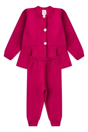 Conjunto Blusa Manga Longa e Calça de Moleton com Pregas e Botões - Pink - Ame Kids