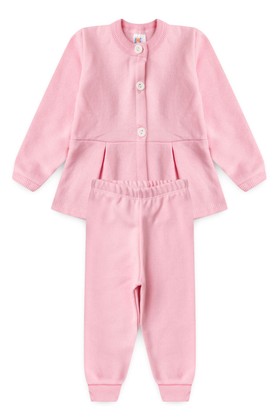 Conjunto Blusa Manga Longa e Calça de Moleton com Pregas e Botões - Rosa - Ame Kids