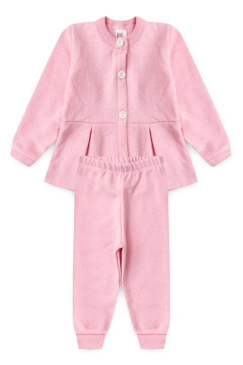 Conjunto Blusa Manga Longa e Calça de Moleton com Pregas e Botões - Rosa - Ame Kids