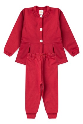 Conjunto Blusa Manga Longa e Calça de Moleton com Pregas e Botões - Vermelho - Ame Kids
