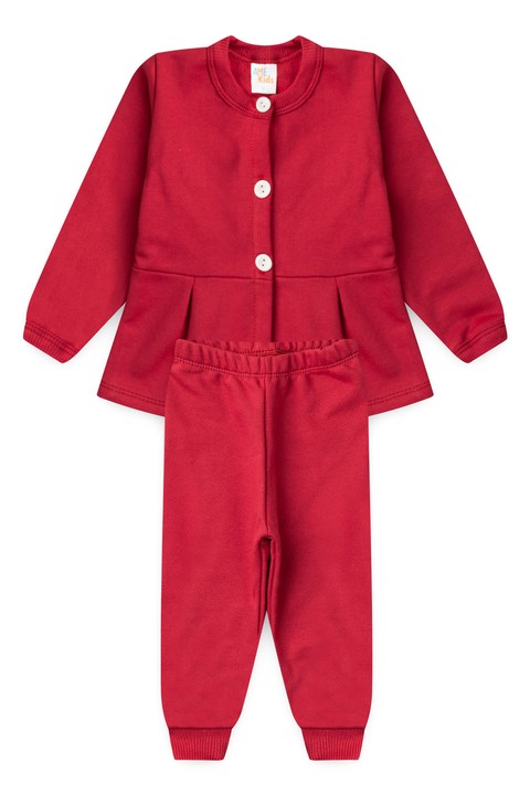 Conjunto Blusa Manga Longa e Calça de Moleton com Pregas e Botões - Vermelho - Ame Kids