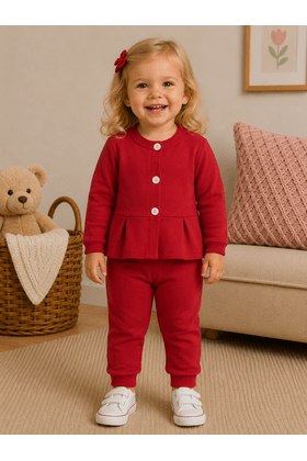 Conjunto Blusa Manga Longa e Calça de Moleton com Pregas e Botões - Vermelho - Ame Kids