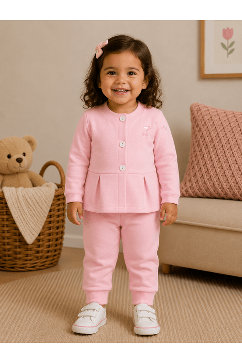Conjunto Blusa Manga Longa e Calça de Moleton com Pregas e Botões - Rosa - Ame Kids