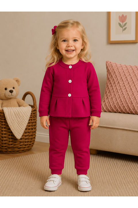Conjunto Blusa Manga Longa e Calça de Moleton com Pregas e Botões - Pink - Ame Kids
