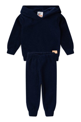 Conjunto Blusa e Calça Bouclé  com Aplique e Capuz - Azul Marinho - Ame Kids