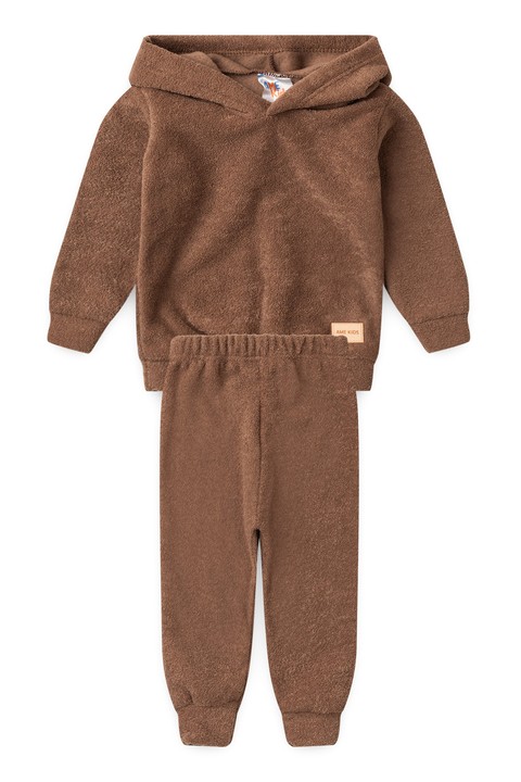 Conjunto Blusa e Calça Bouclé  com Aplique e Capuz - Caramelo - Ame Kids