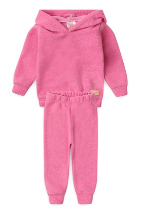 Conjunto Blusa e Calça Bouclé  com Aplique e Capuz - Rosa - Ame Kids