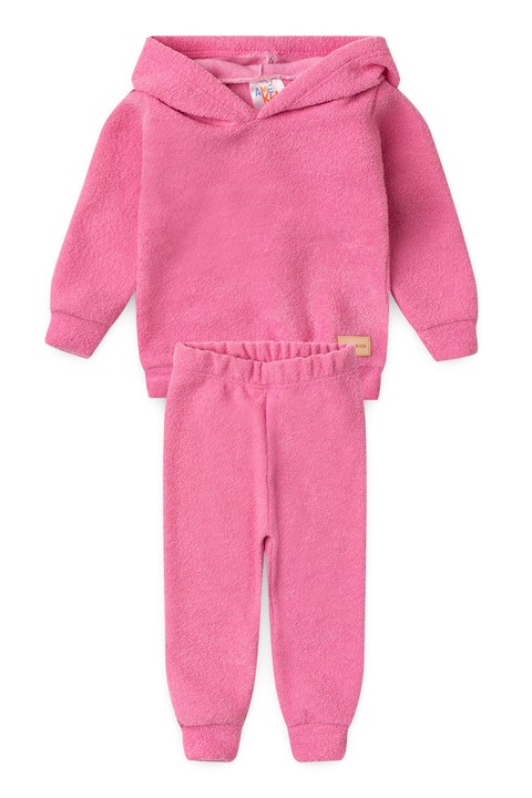 Conjunto Blusa e Calça Bouclé  com Aplique e Capuz - Rosa - Ame Kids