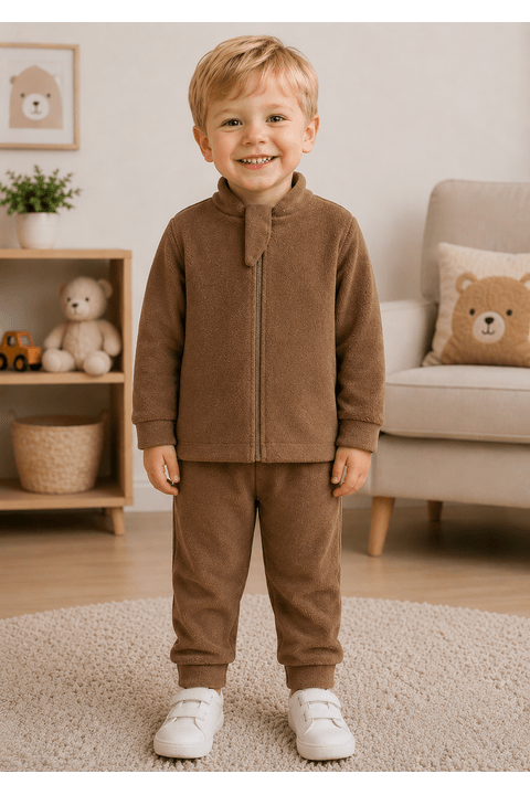 Conjunto Infantil Bebê Casaco com Zíper e Calça Bouclé - Marrom - Ame Kids