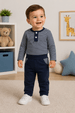 Conjunto Infantil Bebê Meia Estação Blusa Listrada e Calça Menino - Azul Marinho - Ame Kids