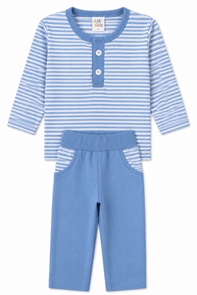 Conjunto Infantil Bebê Meia Estação Blusa Listrada e Calça Menino - Azul Bebe  - Ame Kids