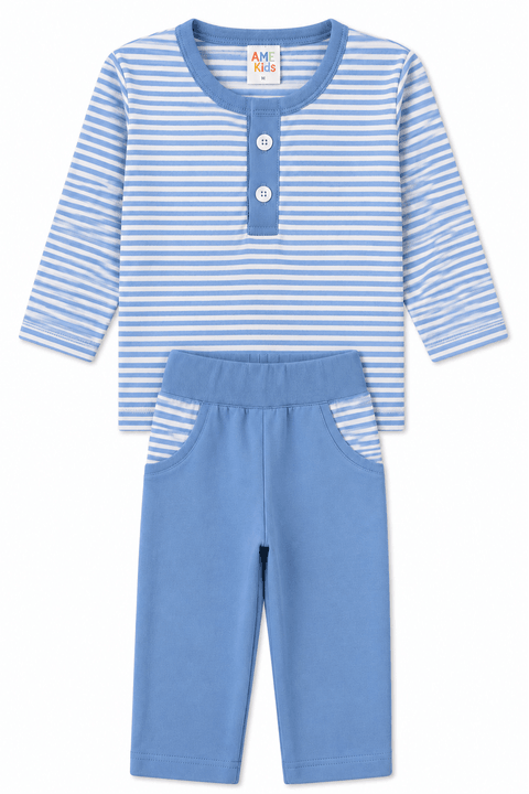 Conjunto Infantil Bebê Meia Estação Blusa Listrada e Calça Menino - Azul Bebe  - Ame Kids