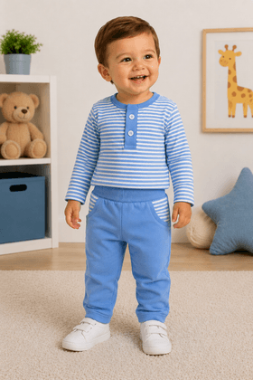 Conjunto Infantil Bebê Meia Estação Blusa Listrada e Calça Menino - Azul Bebe  - Ame Kids