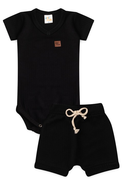 Conjunto Body Canelado Curto Menino - Preto - Ame Kids