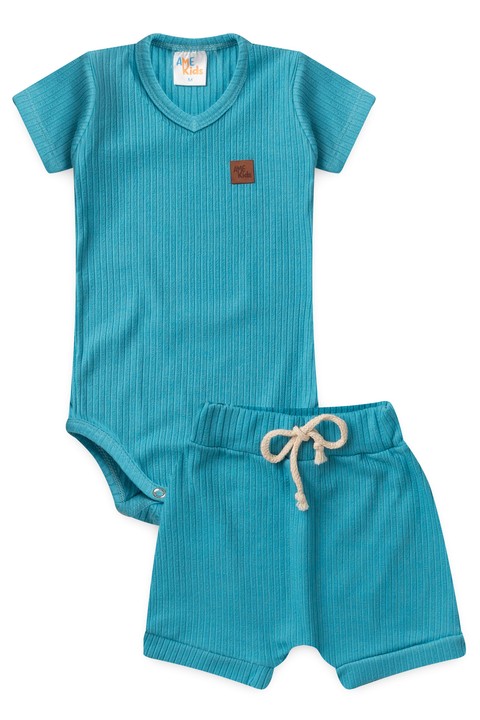 Conjunto Body Canelado Curto Menino - Ciano - Ame Kids