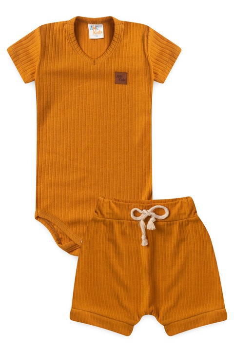 Conjunto Body Canelado Curto Menino - Girassol - Ame Kids