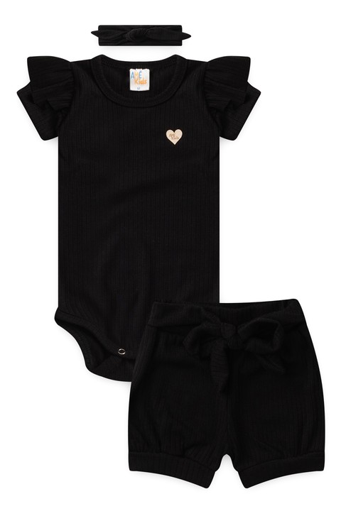 Conjunto Body Canelado Curto Menina - Preto - Ame Kids