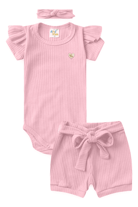 Conjunto Body Canelado Curto Menina - Rosa Bebê - Ame Kids